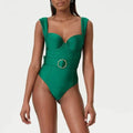 Women's polyester one-piece swimsuit with a gauze skirt, shown in double shoulder and oblique shoulder styles.