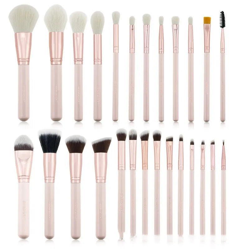 26 piece pink makeup brush set with wooden handles in PU storage bag