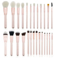 26 piece pink makeup brush set with wooden handles in PU storage bag