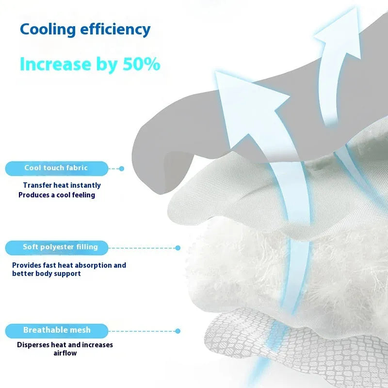 Dog head-shaped ice silk cooling mat for pets in light grey, available in multiple sizes.