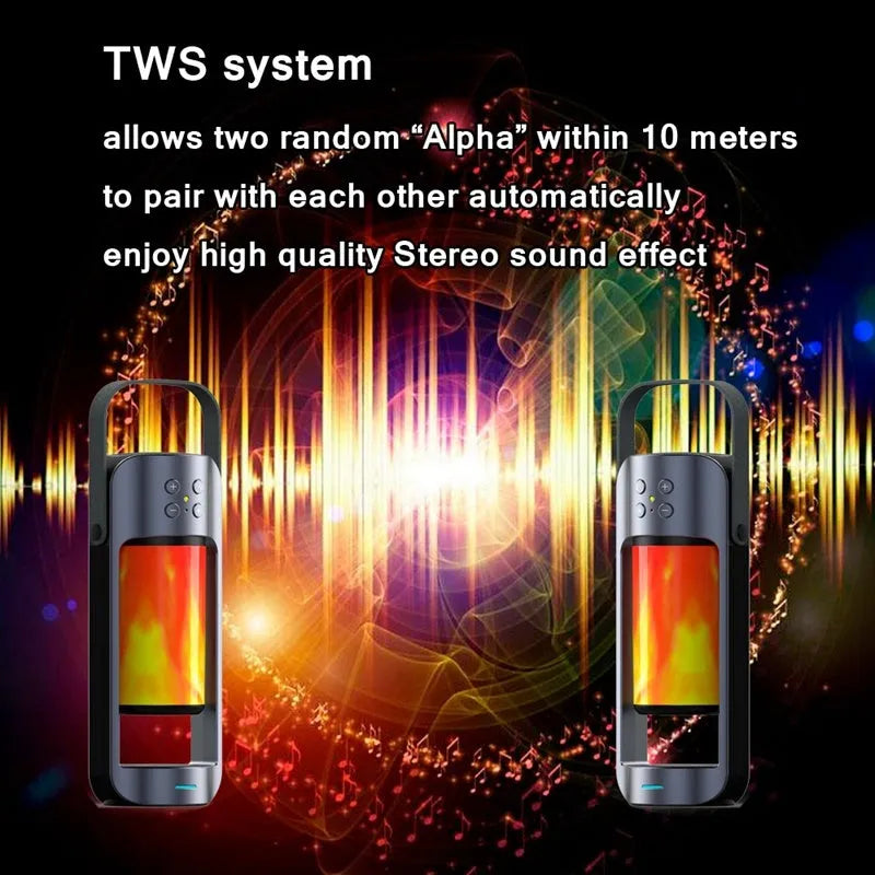 Portable Alpha Flame Light Bluetooth speaker with realistic dancing flame effect and wireless charging function in blue