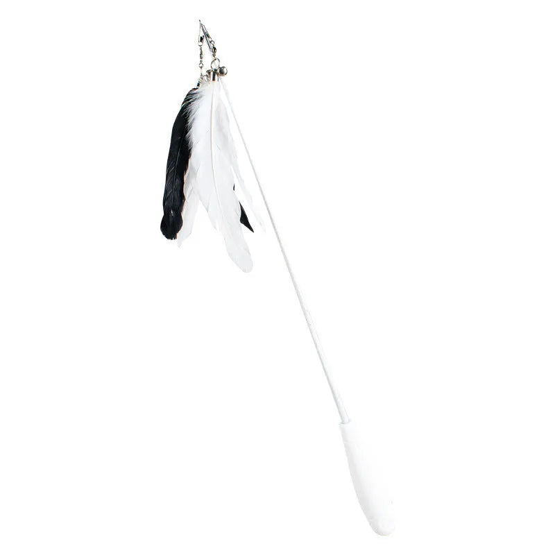 Telescopic fishing rod cat toy with goose feather lure, removable bell, extended to 80 cm on white background