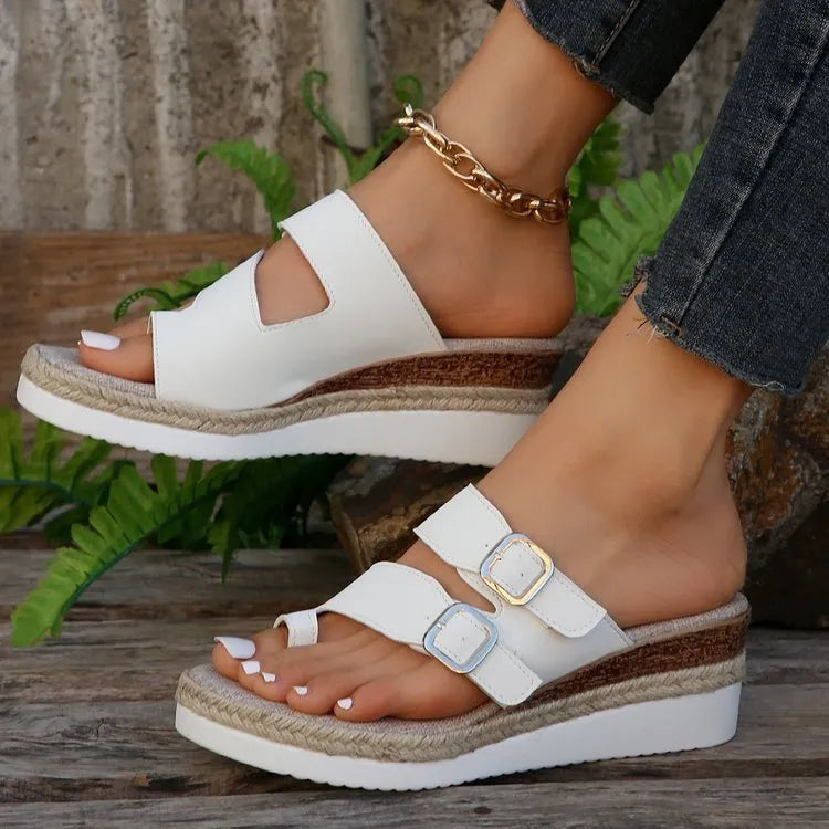 White woven patent leather wedge sandals with finger fit design and peep toe