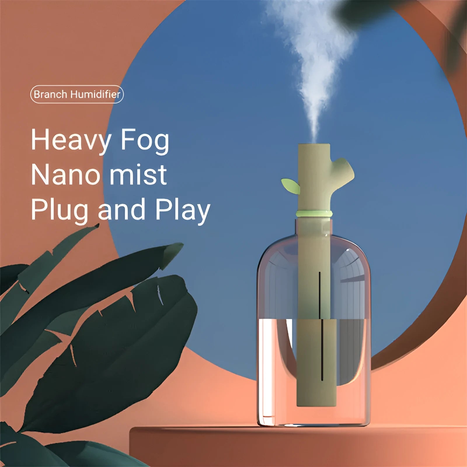 Transparent plastic mini USB branch humidifier on desk with mist output