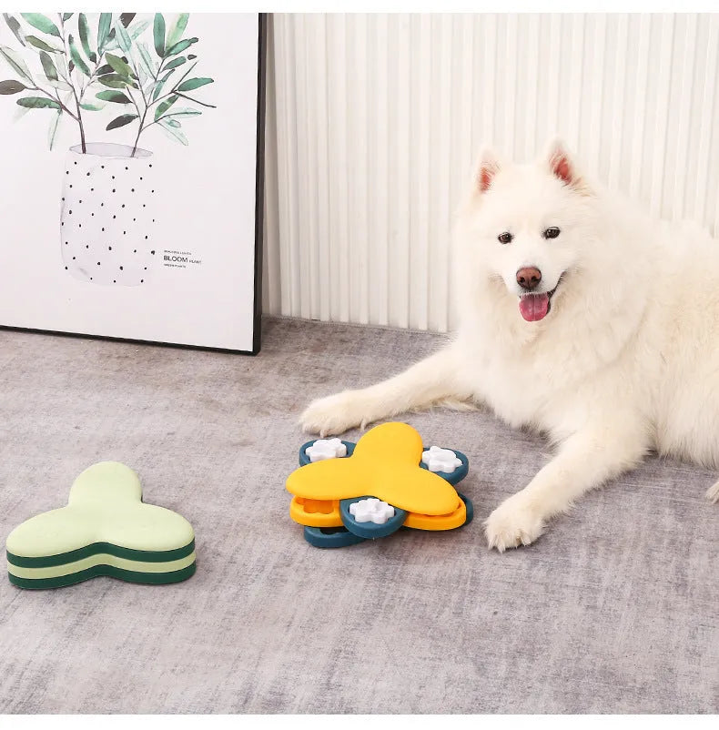 Dog puzzle toy slow feeder with nine compartments and bone covers, green, on non-slip base