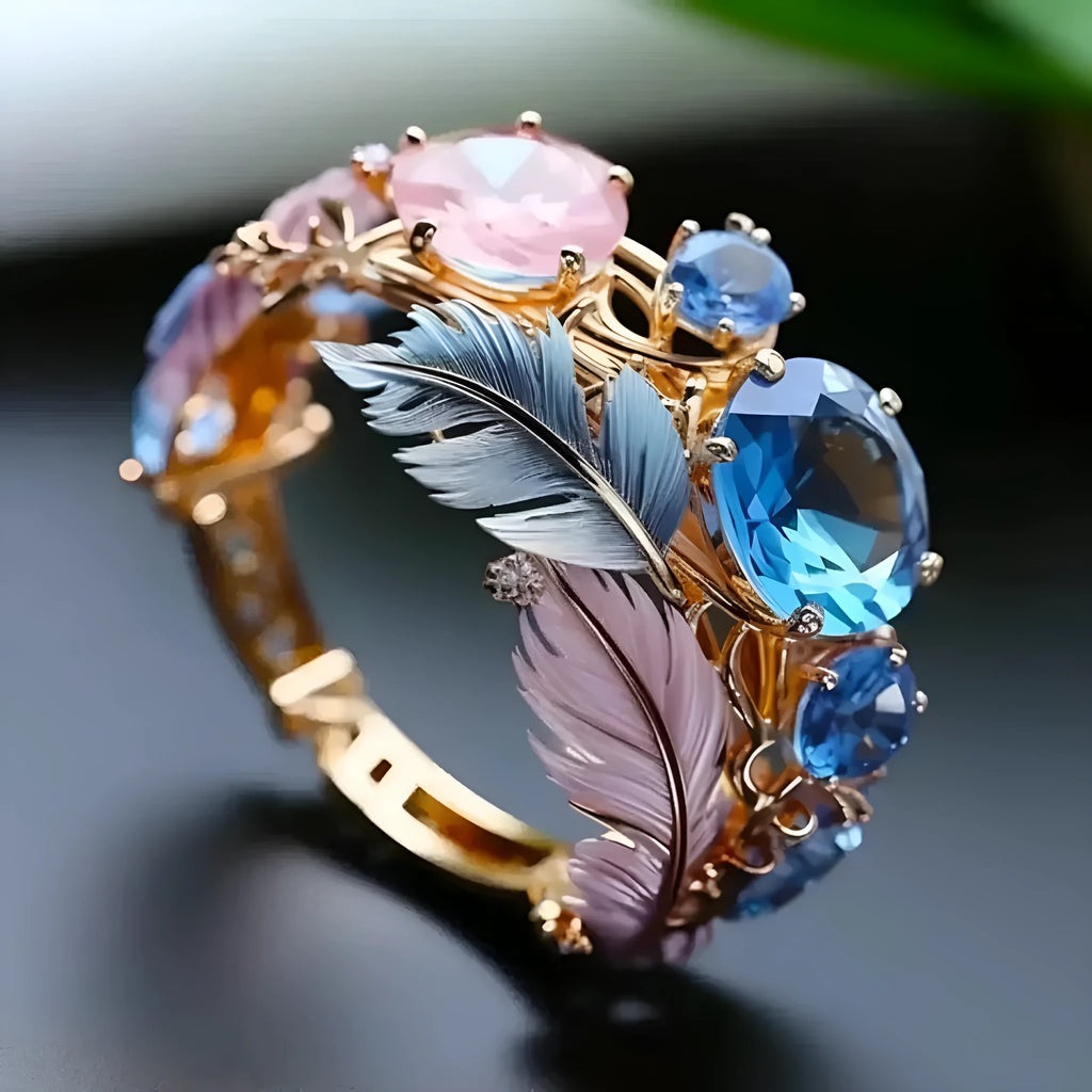 Gold geometric brass ring with an embossed colourful feather design and zircon stone accents.