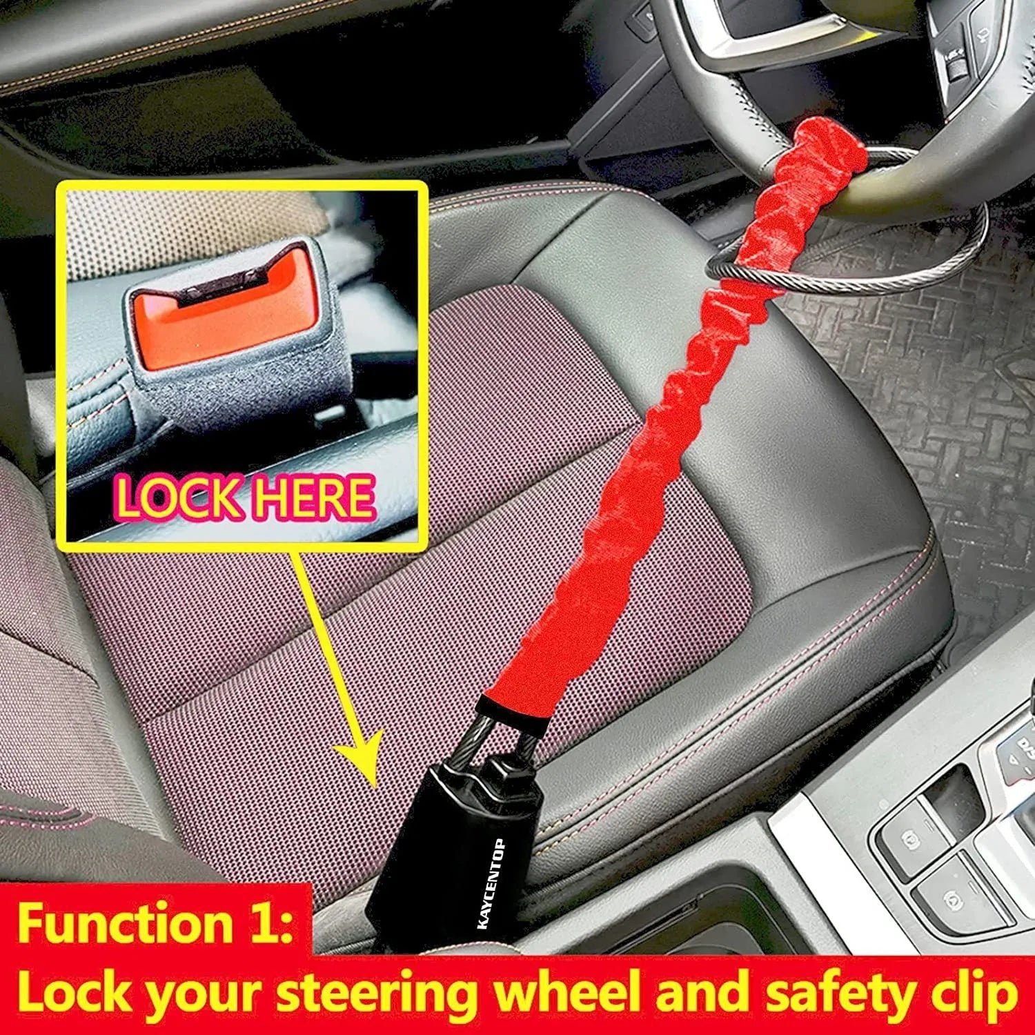 Red iron car steering wheel lock with copper core on a car steering wheel.