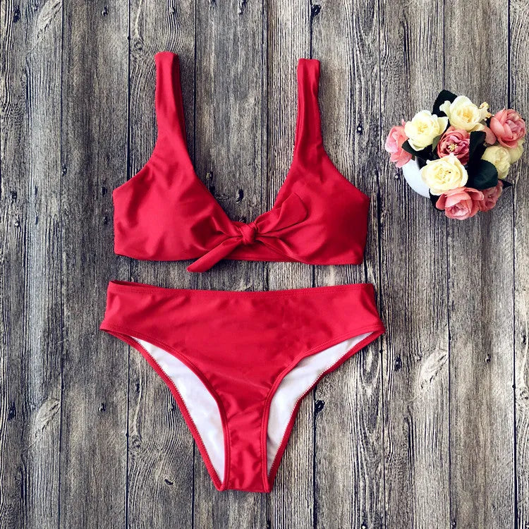 Solid colour bikini set on a hanger showing the bra and panties in a wine red shade.