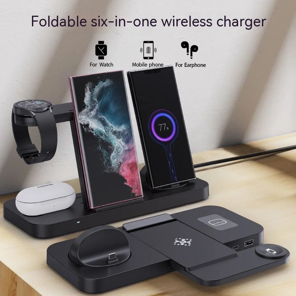 Three-in-one wireless charger with rotating stand for phone headset watch in white finish