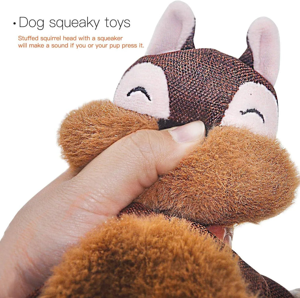 Brown stuffless fox plush dog toy with cotton rope arms, embroidered eyes, and a squeaker.