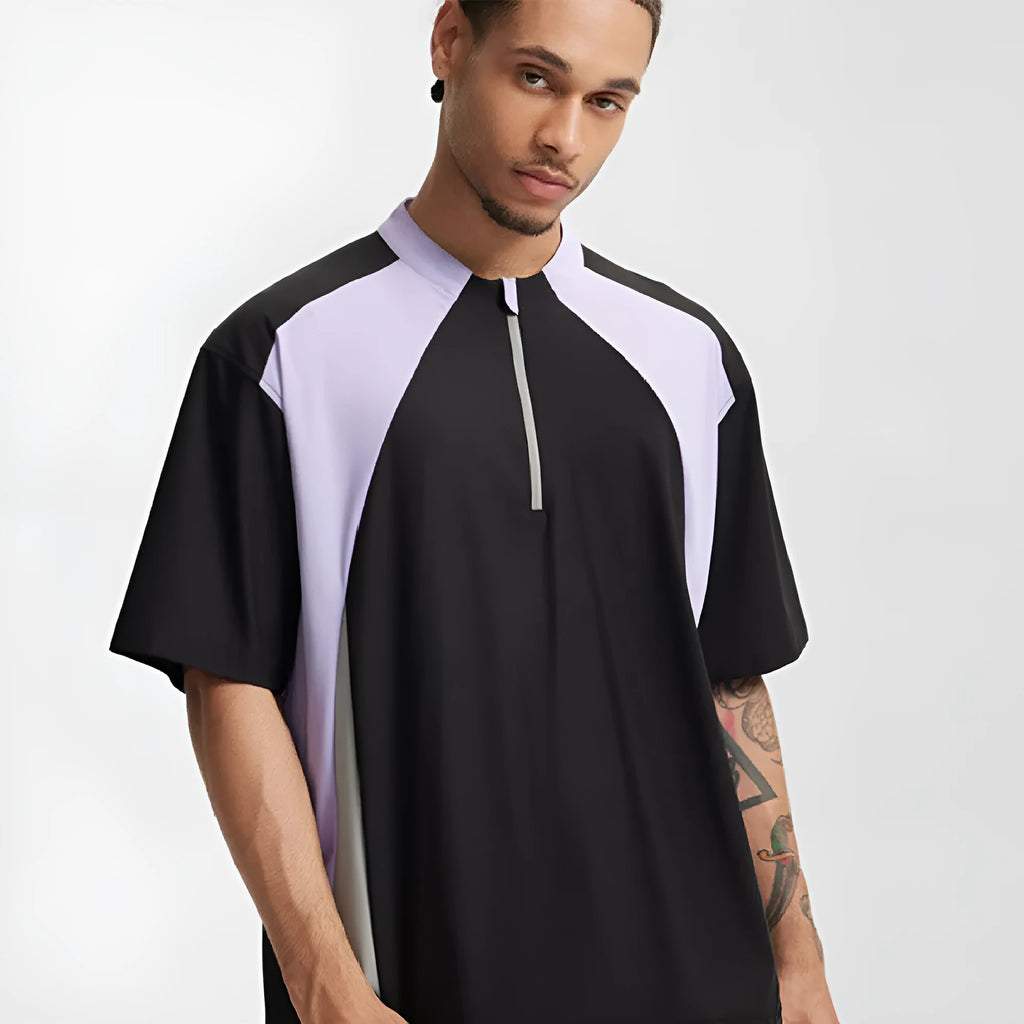 Men's lightweight polyester shirt with stitching detail in black or beige, available in long sleeve and short sleeve versions