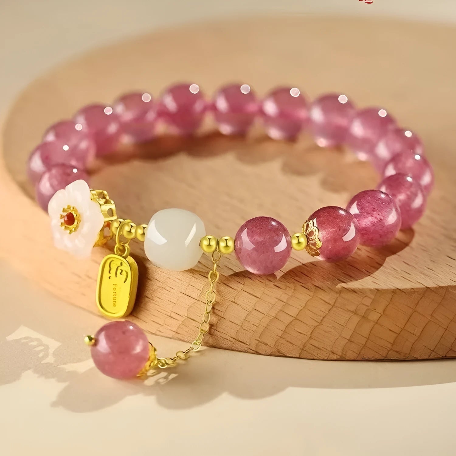 Handmade Hetian jade and strawberry quartz crystal bracelet with five style options for women