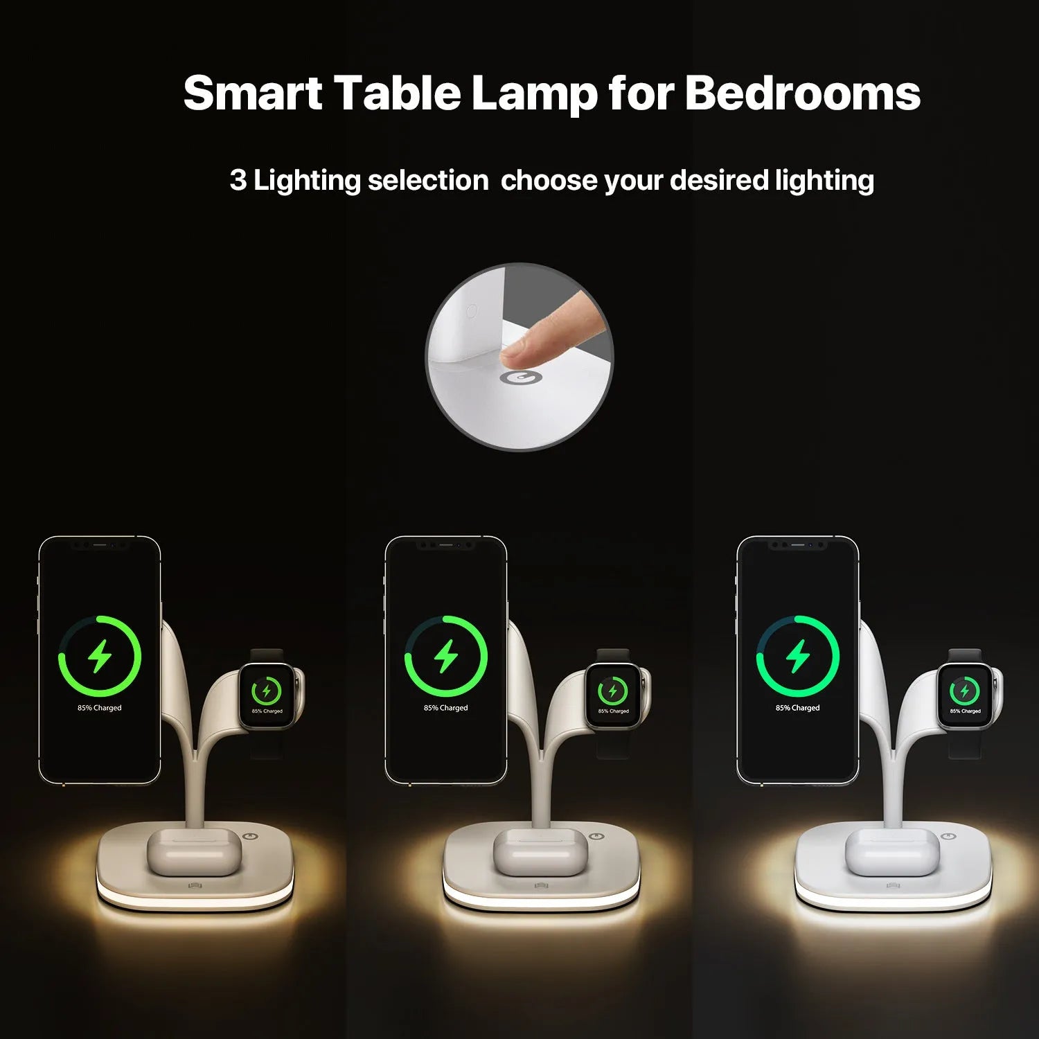 Black desktop wireless charging stand holding a mobile phone, a smartwatch, and wireless headphones.