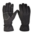 Army green tactical ski gloves with non-slip palm and touch screen fingertips on a winter background