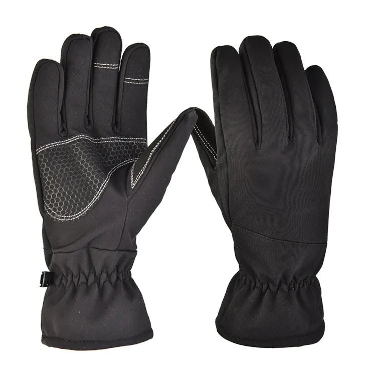Army green tactical ski gloves with non-slip palm and touch screen fingertips on a winter background