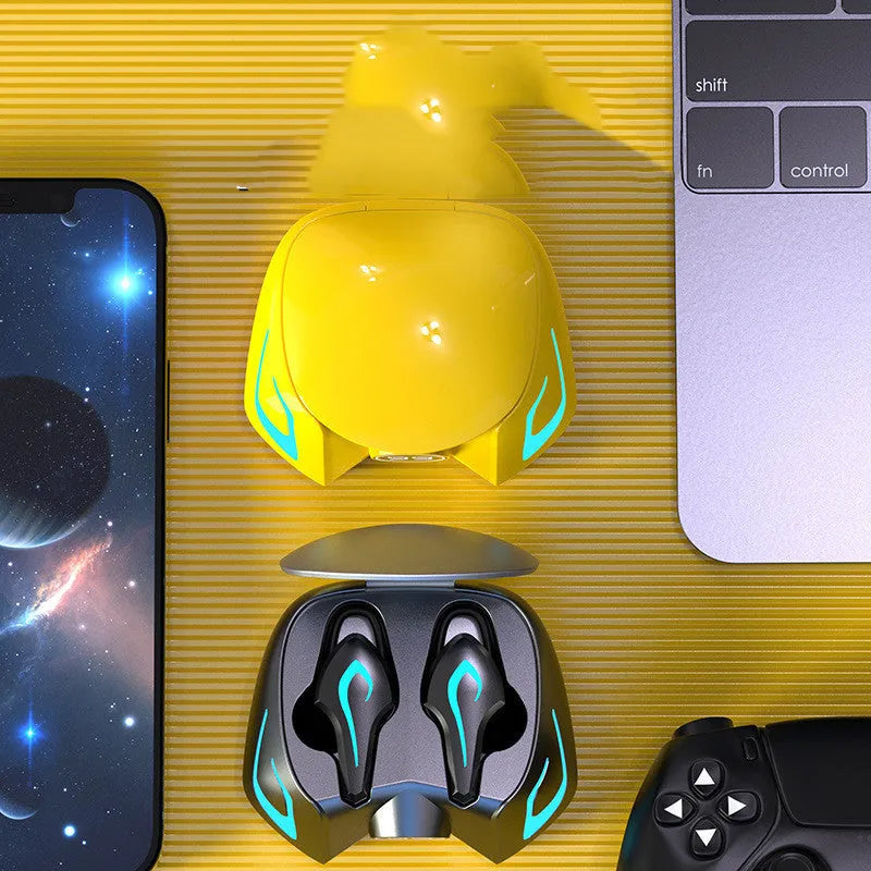 Wireless Bluetooth gaming headset with earplug-style bilateral design in black grey, yellow, or cool black colours