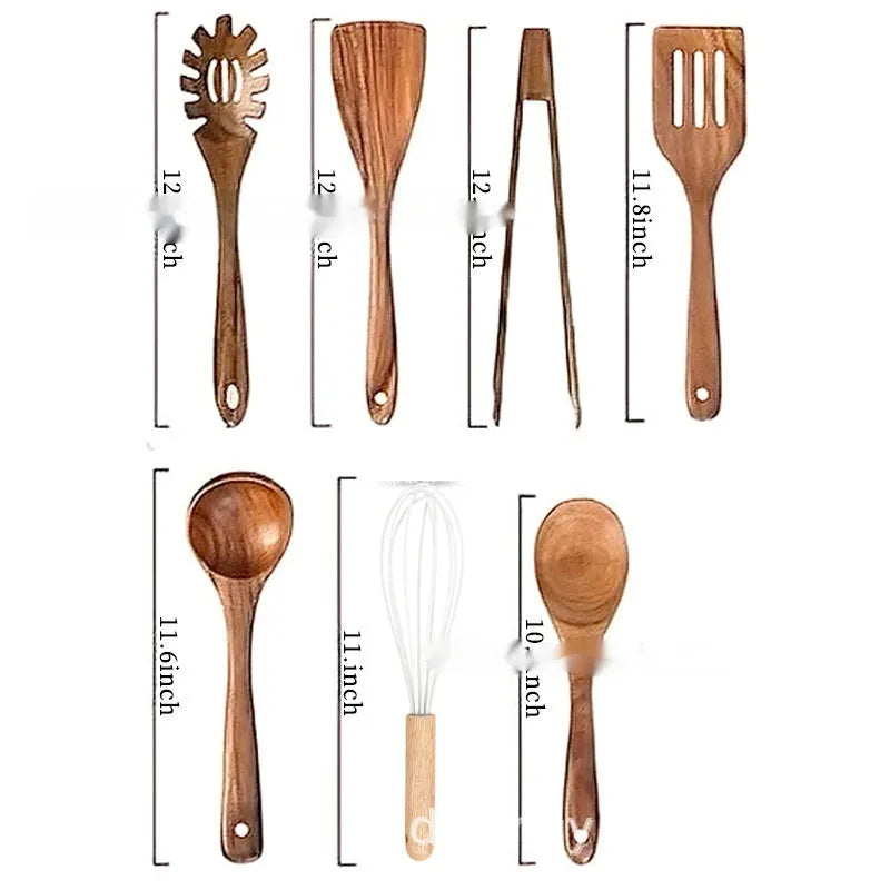 Wooden kitchen utensil set containing seven pieces including spatula and soup spoons