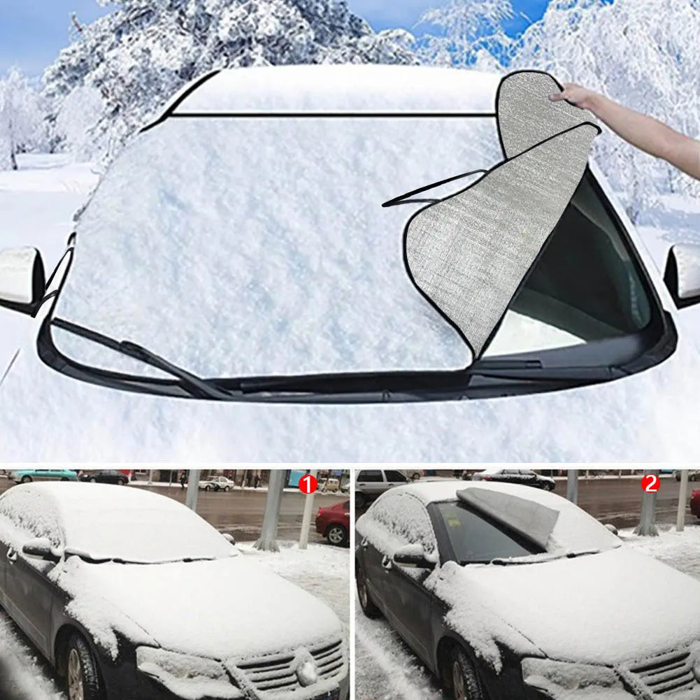 Car snow protection front gear cover made of aluminium film foam polyester fabric with lanyard installation system