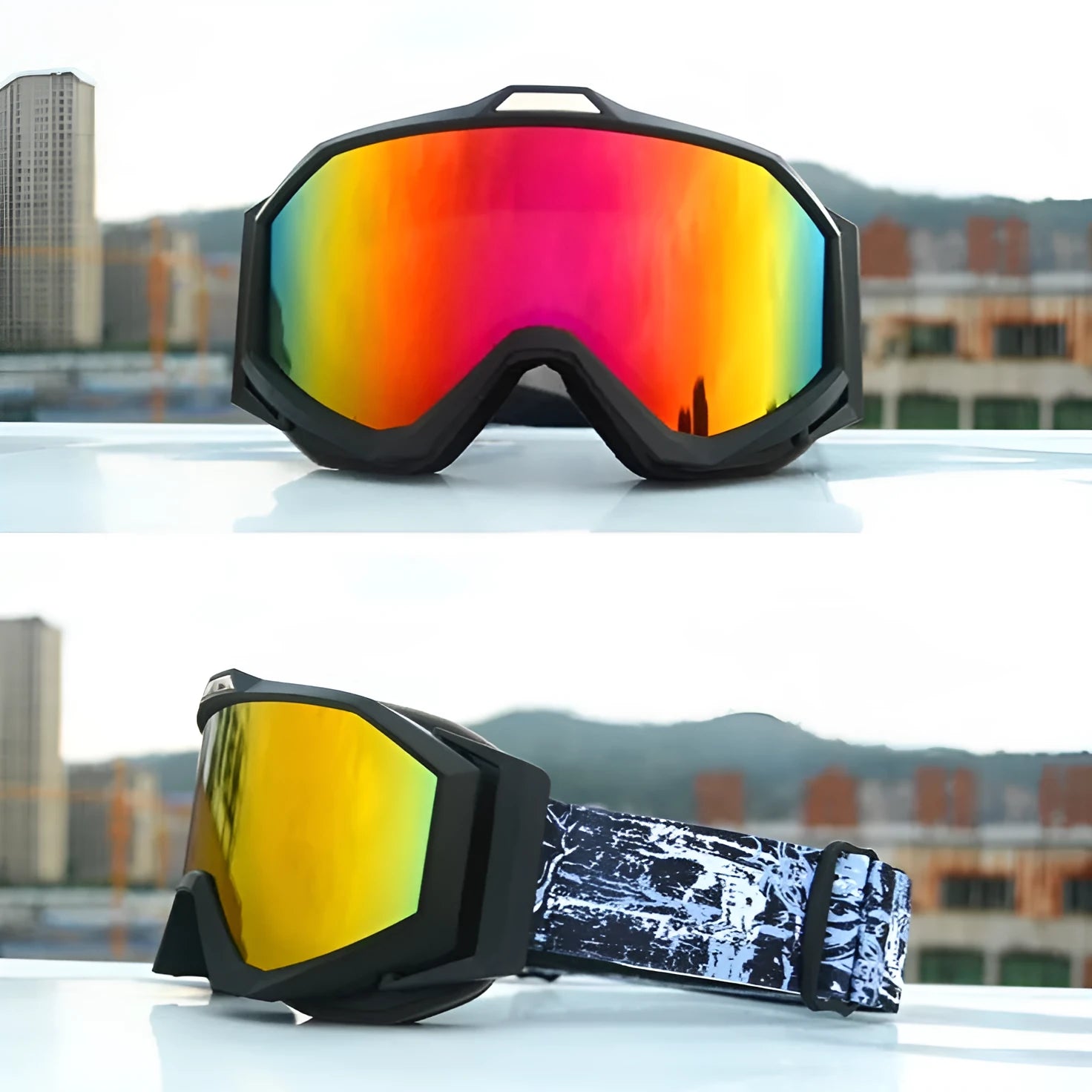 Motorcycle anti-fog goggles in black frame with gray lens variant showing protective eyewear design