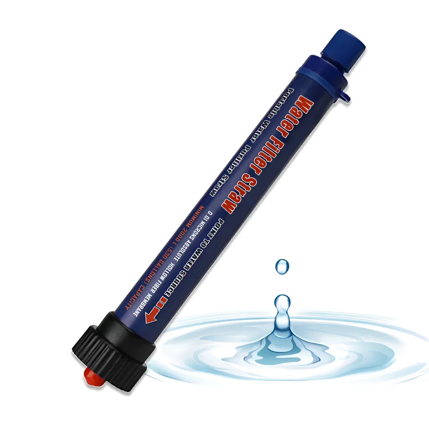 Blue outdoor water purification straw with polyiodic resin sterilisation for safe drinking from natural sources