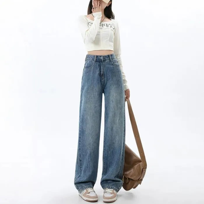 Women's retro blue high waist wide leg jeans with straight cut and spandex denim fabric