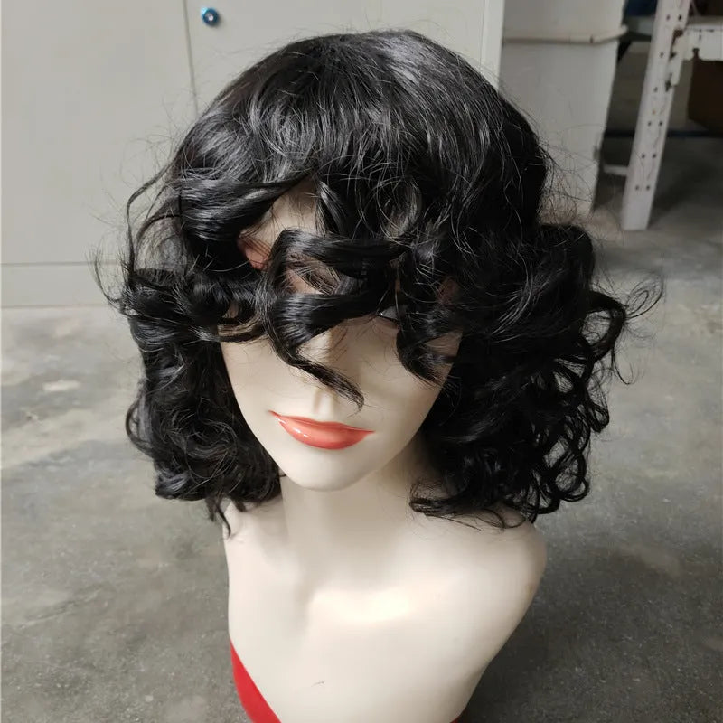 Women's black long curly Afro wig made from synthetic high temperature fibre for all face types