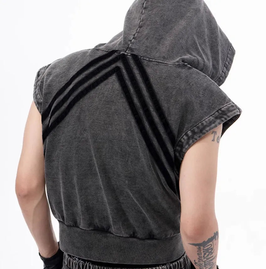 Stitching fur washed sleeveless hooded vest for teenagers in black and gray, front view with zipper