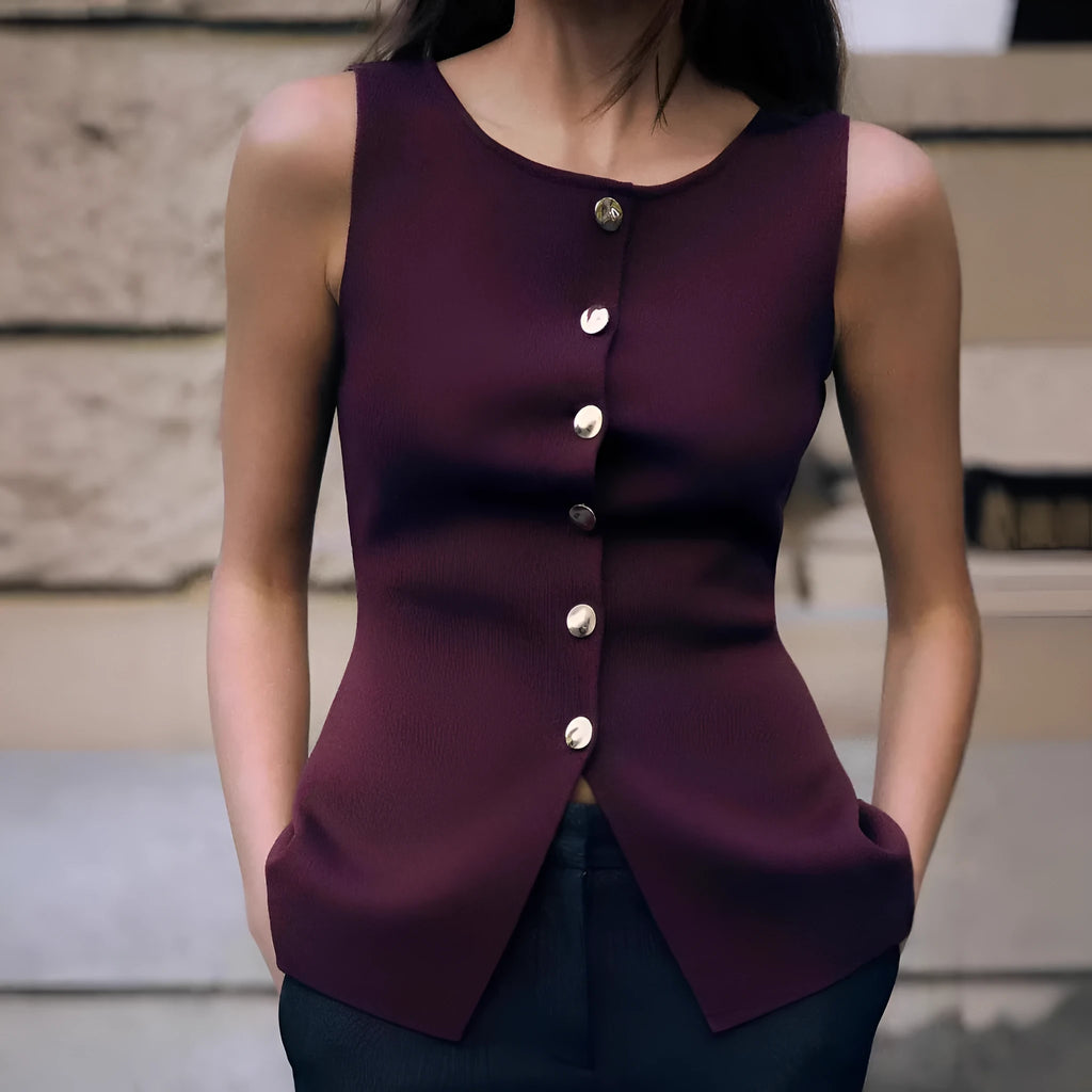 Dark red slim fit sweater vest with gold buttons and 3D pattern texture