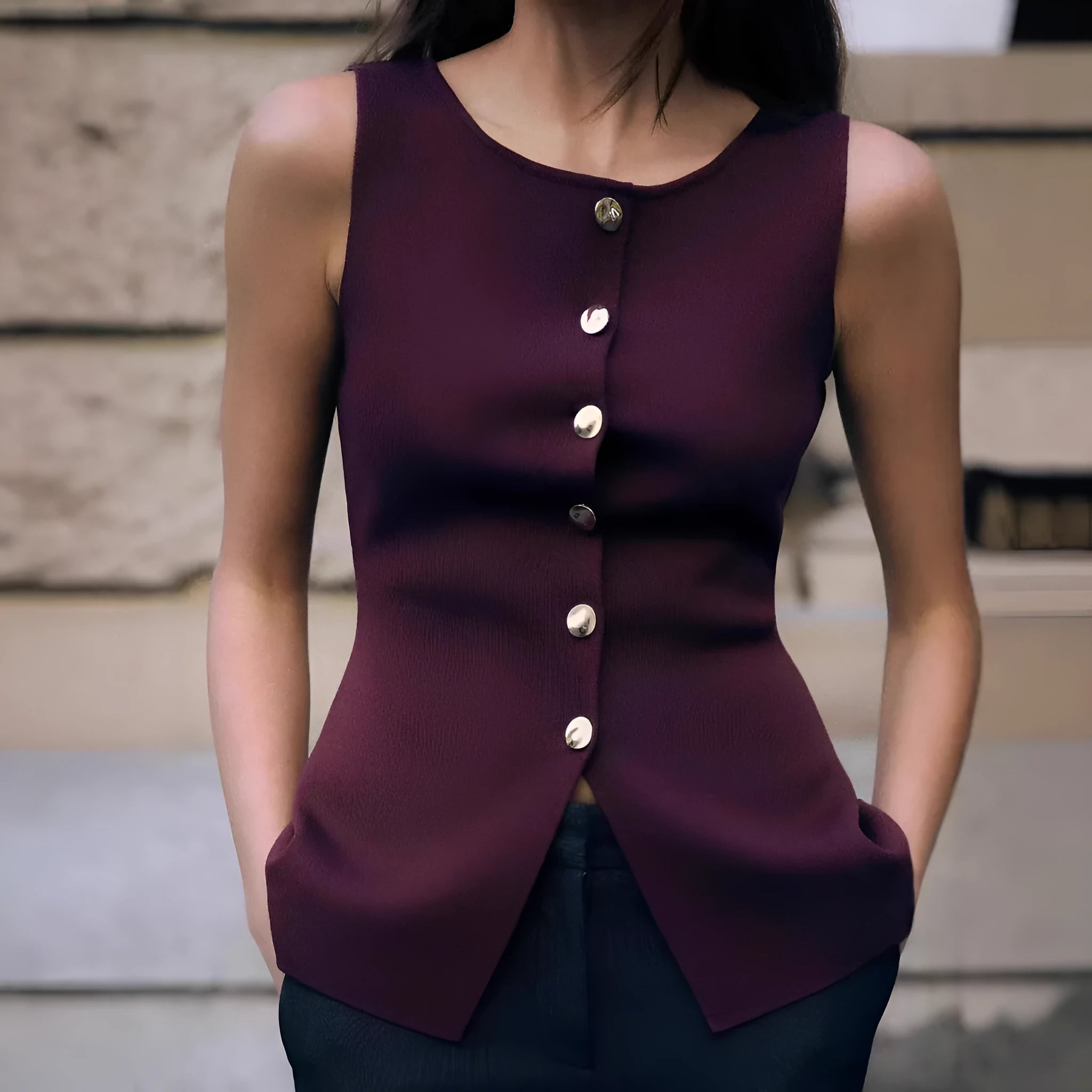 Dark red slim fit sweater vest with gold buttons and 3D pattern texture