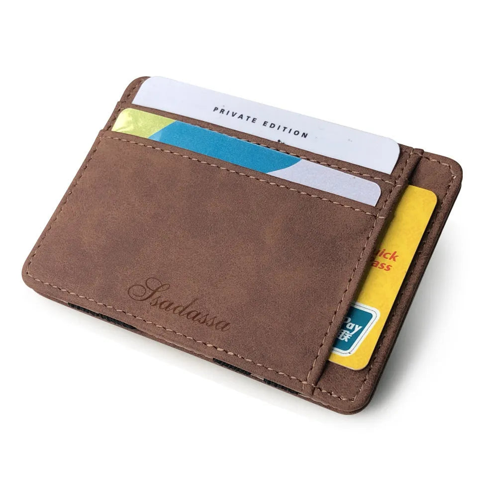Matte leather magic wallet in horizontal square shape with sewing line details, shown in multiple colours