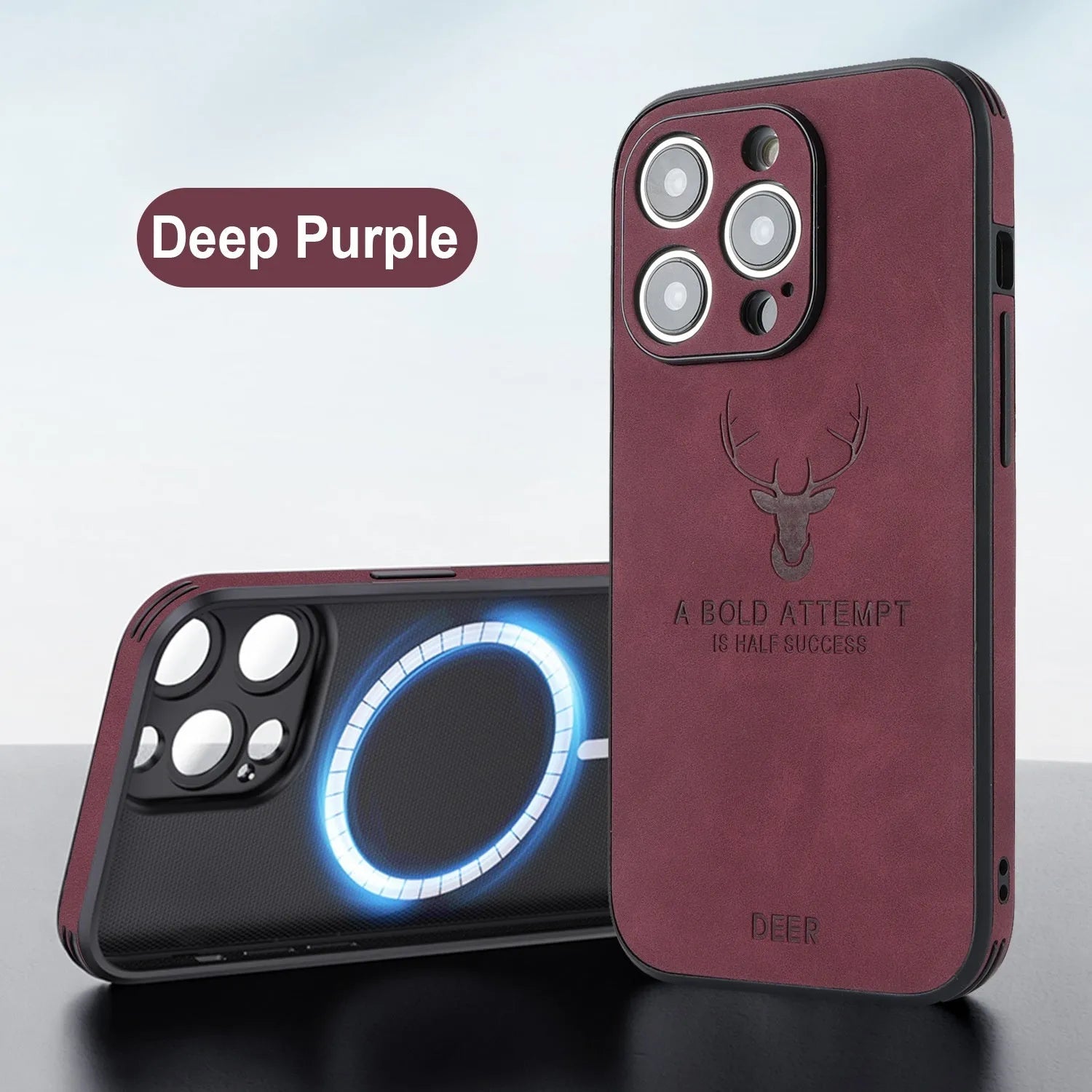 iPhone 16 magnetic charging case with embossed moose head design on imitation leather in multiple colour options