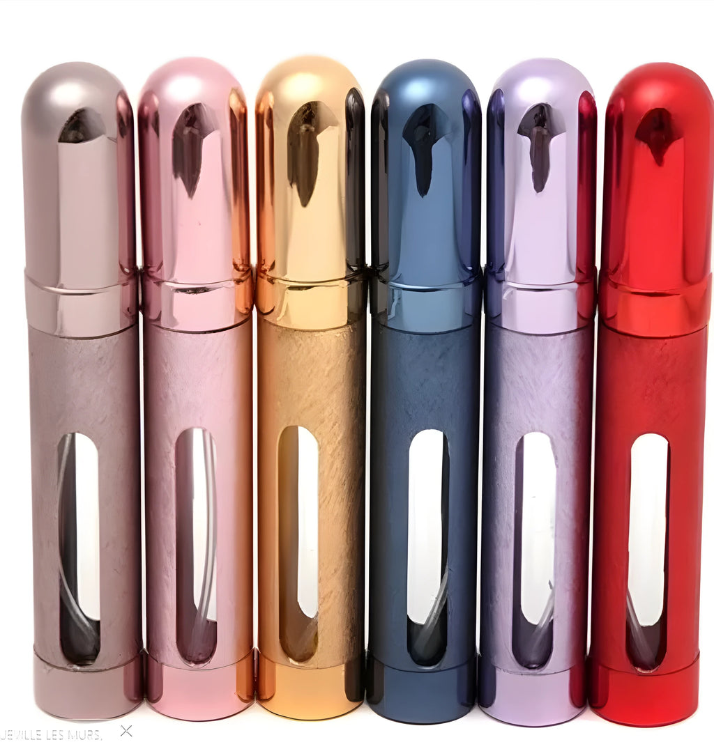 Slim 12ml aluminium travel perfume bottle with glass liner in six colour options.