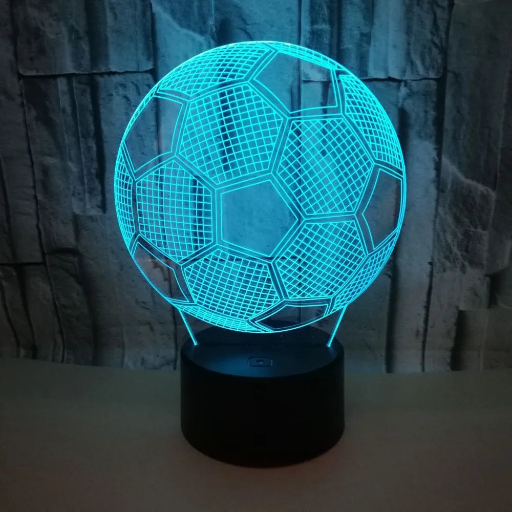 3D football night light showing seven colour options with touch controls and USB cable
