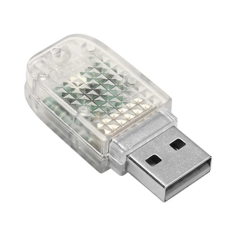 Car USB atmosphere light with touch switch, five colour modes, and RGB voice control in an ABS plastic housing