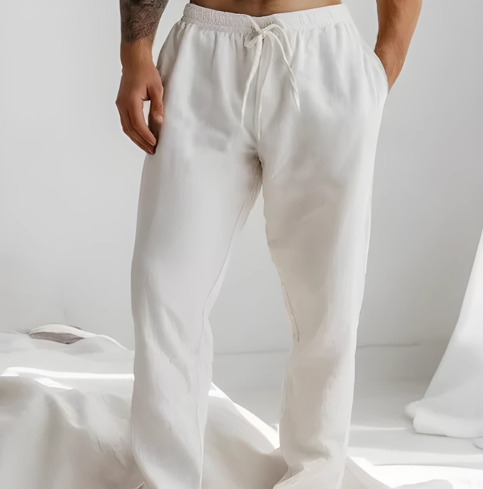 Summer men's cotton linen trousers in khaki, loose fit with elastic drawstring waist, straight leg