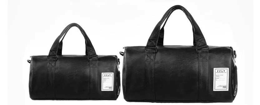 Black waterproof sports bag with separate shoe compartments shown in Large and Small sizes.