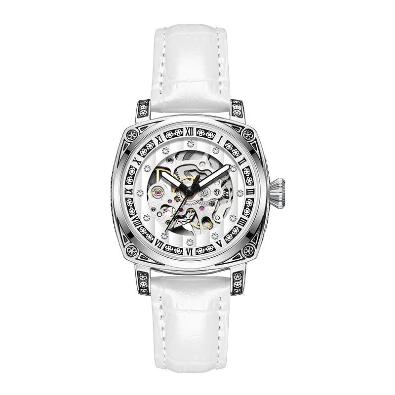 Men's mechanical watch with leather strap luminous hands waterproof 10 metre in black red steel strip or white