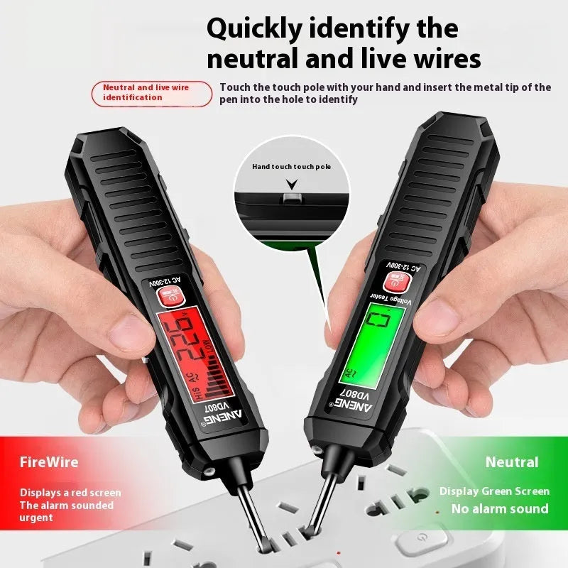 Portable high-sensitivity zero line detection pen with LCD display, 12V~300V range, black plastic housing