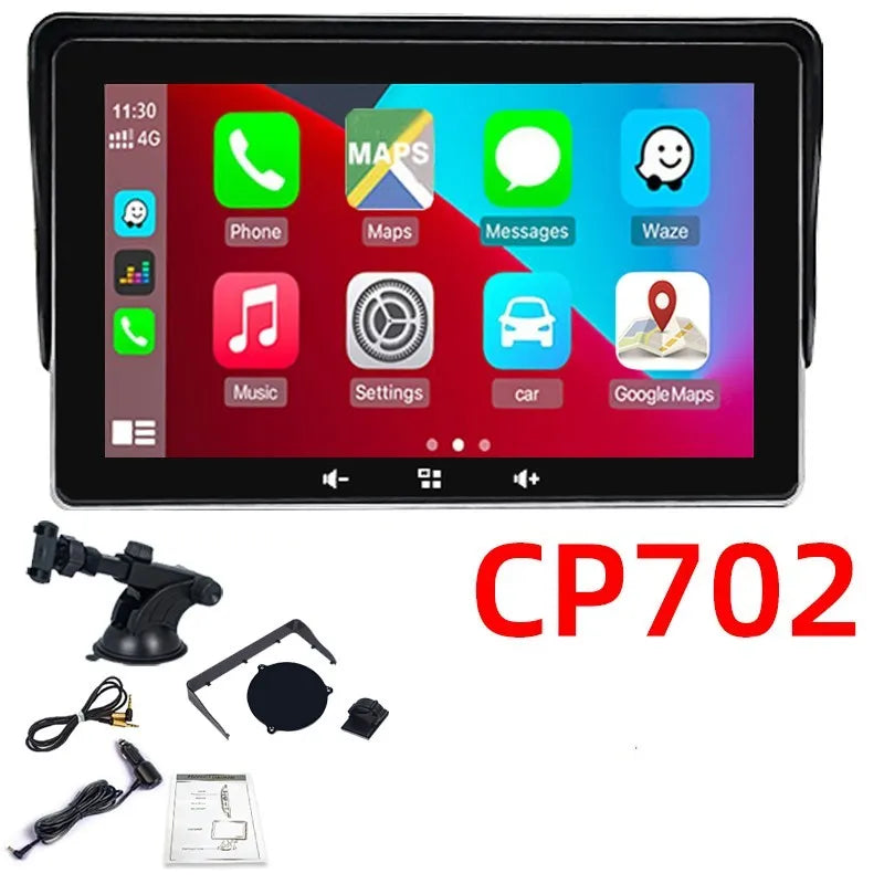 7-inch wireless CarPlay display with universal suction cup mount and cigarette lighter power adapter