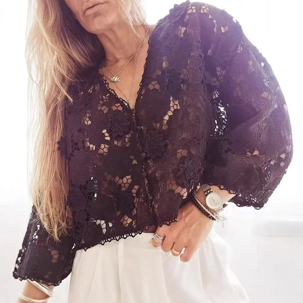 Women's lace cardigan with three-dimensional flower decoration and V-neck in black colour