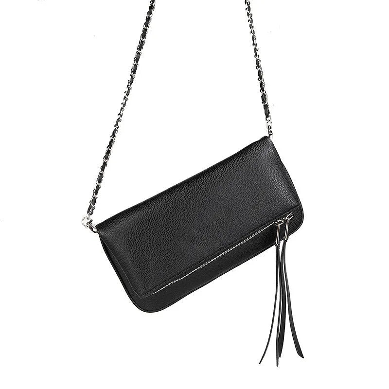 Fashion chain folding clutch women's shoulder messenger bag in black classic colour, PU material shell shape with chain strap