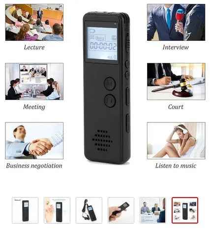 Black matte finish digital voice recorder with screen, showing one-key recording function.