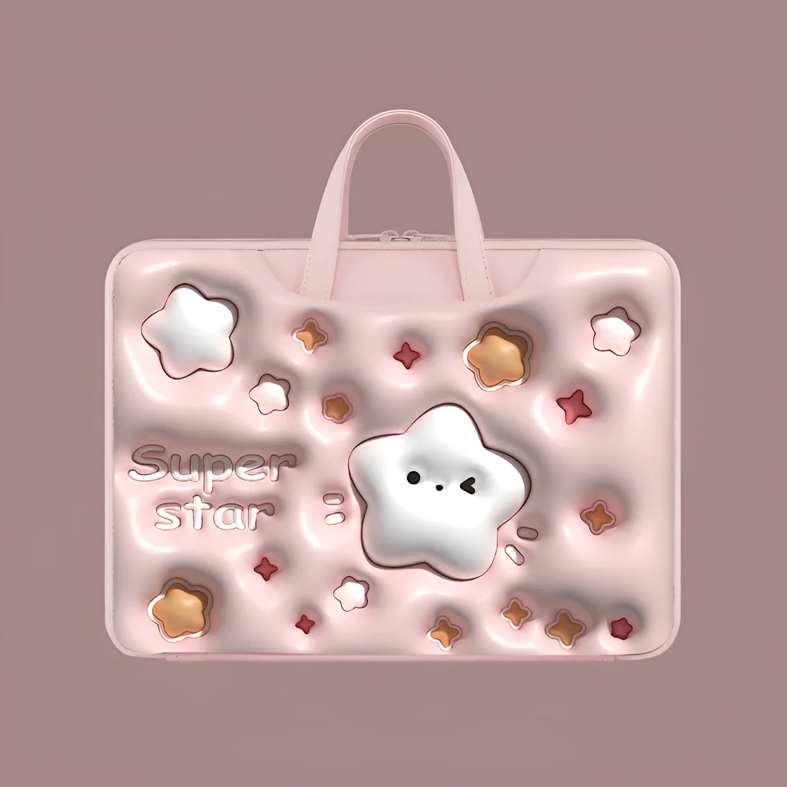 Inflatable PU leather laptop bag in Cat Beige colour with luggage strap, designed for 13 to 15.6 inch devices.