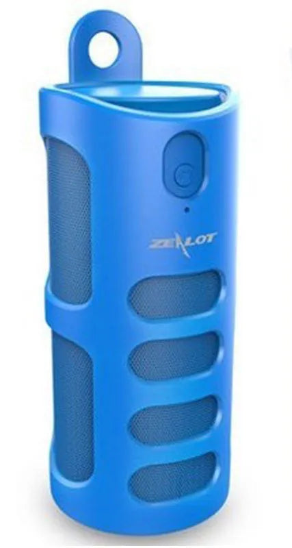 Compact wireless Bluetooth speaker in black, blue, or red, showing size scale.
