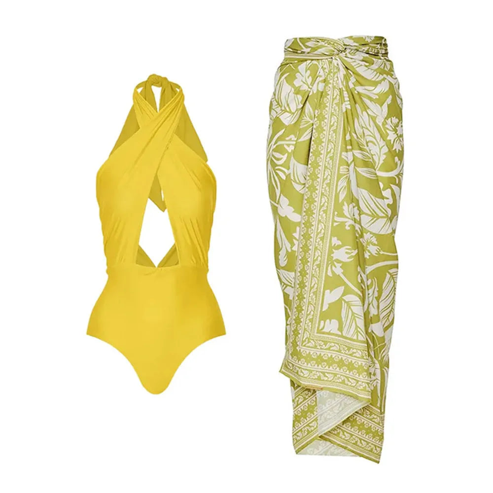 Women's pure colour halter one-piece swimsuit with wrap skirt set in solid polyester, tight fit, sizes S to XL