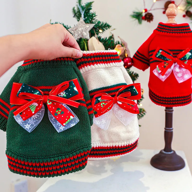 Red Christmas knit dog sweater on a small dog, showing festive pattern and snug fit.