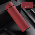 Stainless steel vacuum insulated water bottle in black, red, gold, or blue with 450ml capacity.