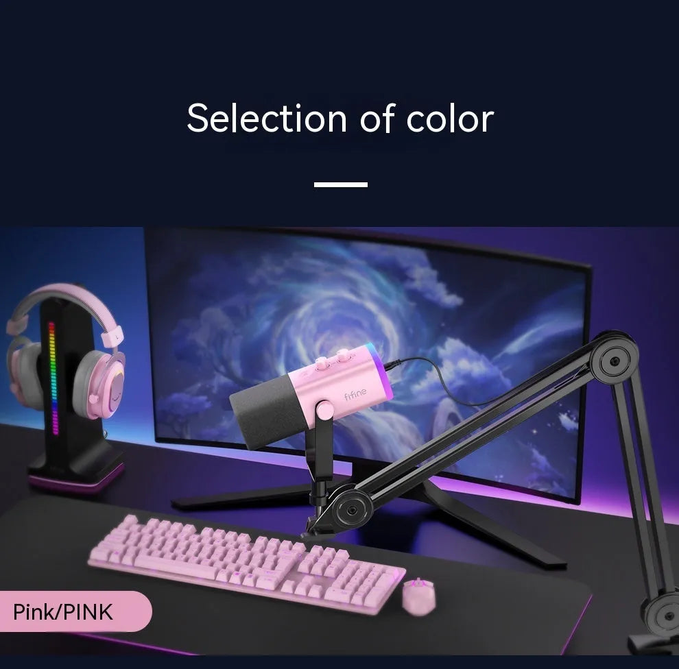 Dynamic noise reduction microphone in black, pink or white colour with matching bracket and included cables