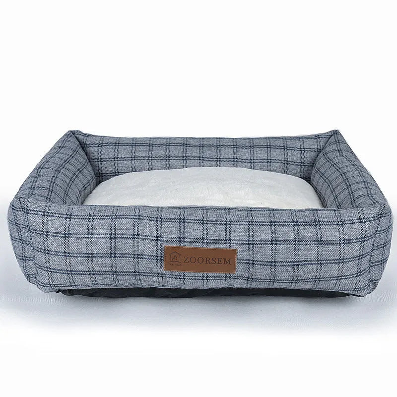 Square cloth dog bed in four colours and sizes, including gray, brown, gray plaid, brown plaid, from 50x40 cm to 80x60 cm