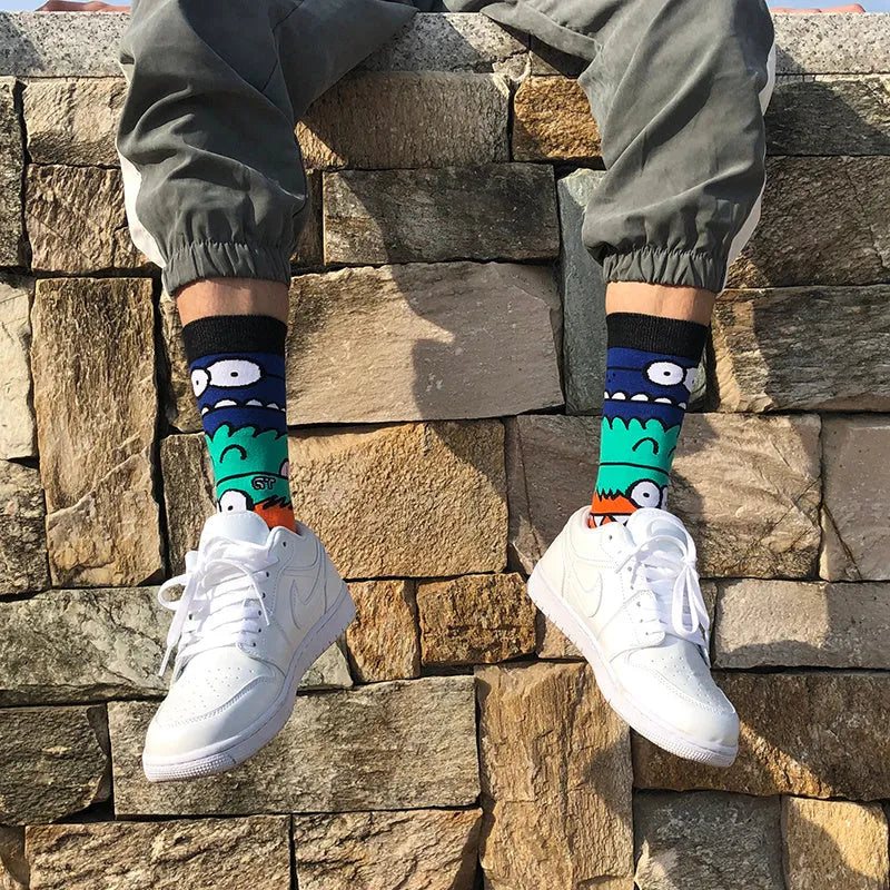 Cotton tube socks for men and women, high tube, cartoon pattern, one size, black white colour option